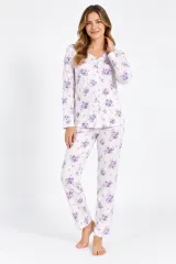 Pijama damă iarnă mărimi mari – albă cu imprimeu flori mov