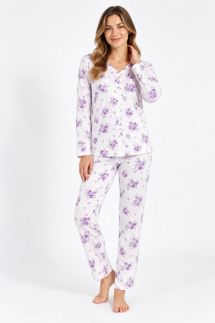 Pijama damă iarnă mărimi mari – albă cu imprimeu flori mov