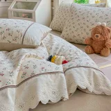 Lenjerie de Pat din 100% Bumbac cu Dantelă, 4 Piese, Cearșaf cu Elastic 180x200 cm