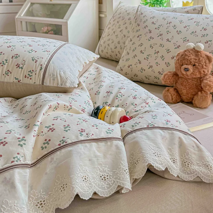 Lenjerie de Pat din 100% Bumbac cu Dantelă, 4 Piese, Cearșaf cu Elastic 180x200 cm