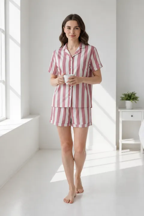Pijama damă cu bluză cu nasturi, mânecă scurtă și pantaloni scurți, imprimeu dungi, roz/alb