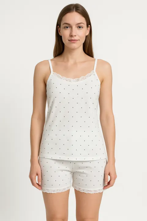 Pijama damă maiou și short – imprimeu puncte negre