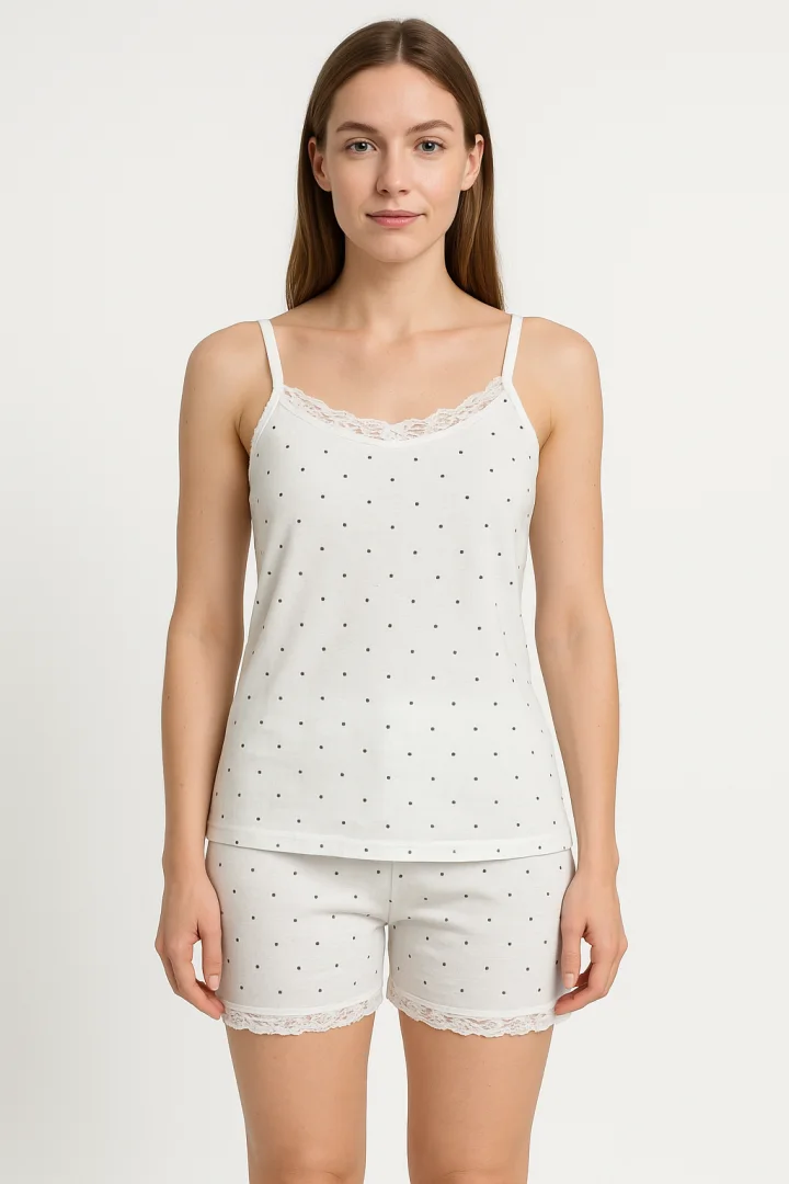 Pijama damă maiou și short – imprimeu puncte negre
