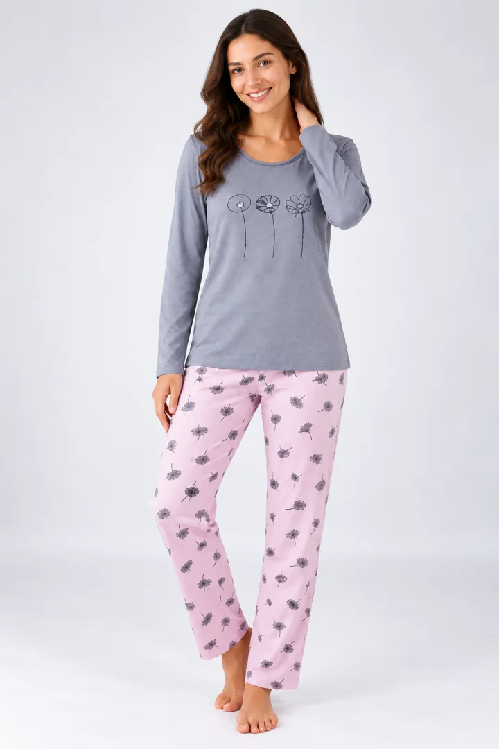 Pijama de dama gri cu maneca lunga si pantaloni lungi roz cu flori