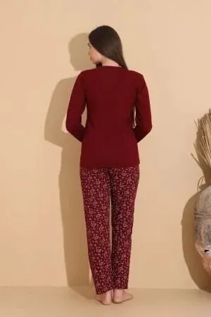 Pijama damă visiniu, bluză „Our Family” și pantaloni cu imprimeu flamingo