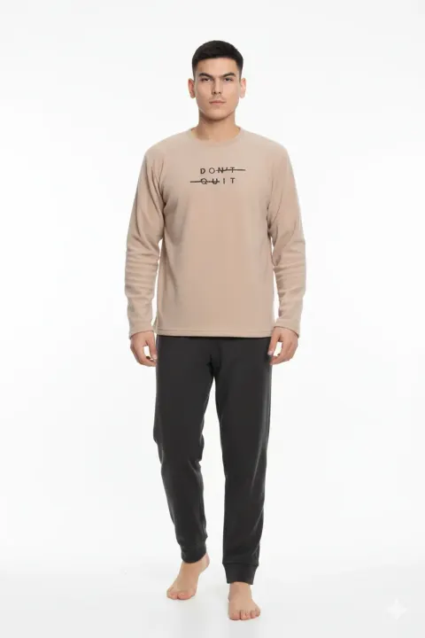Pijama bărbați crem & gri închis „DON’T QUIT” – material polar