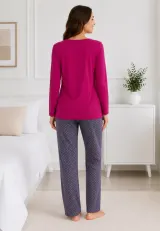 Pijama de dama fucsia cu maneca lunga si pantaloni lungi gri cu buline