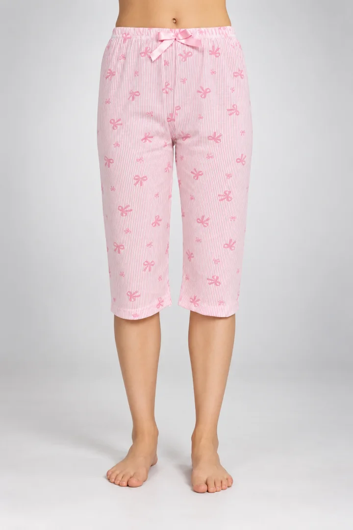 Pantaloni pijama damă 3/4, roz, imprimeu fundite