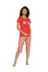 Pijama dama din bumbac, imprimeu capsuni, , rosu