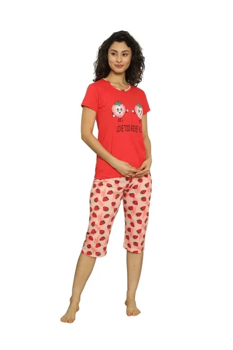 Pijama dama din bumbac, imprimeu capsuni, , rosu