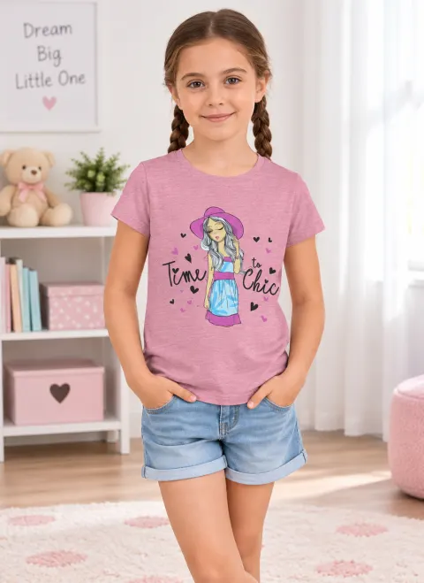 Tricou fetițe roz cu imprimeu „Time Chic”
