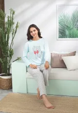 Pijama damă bleu cu imprimeu cu pisică