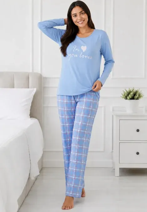 Pijama de dama cu bluza blue cu maneca lunga si pantaloni lungi blue cu carouri