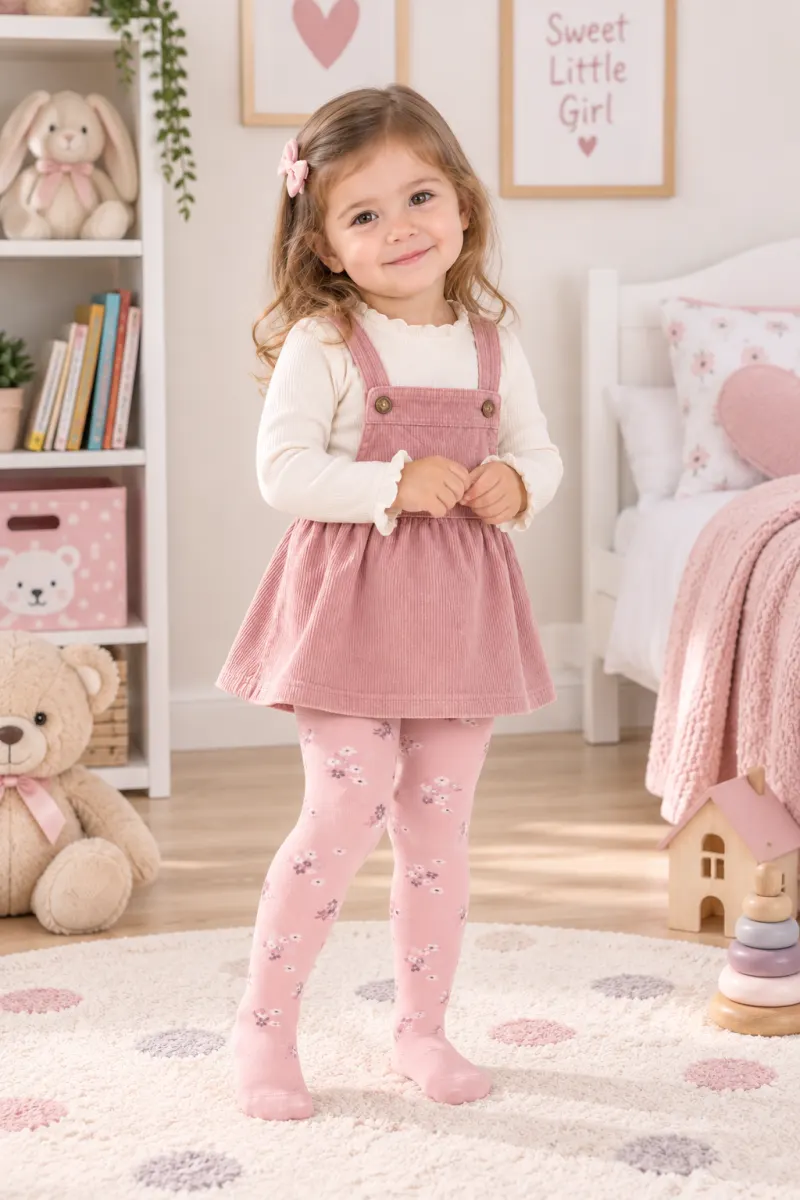 Dres copii din bumbac cu floricele – roz