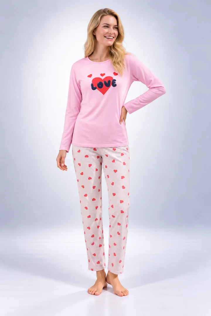 Pijama damă cu mânecă lungă și pantaloni lungi cu imprimeu