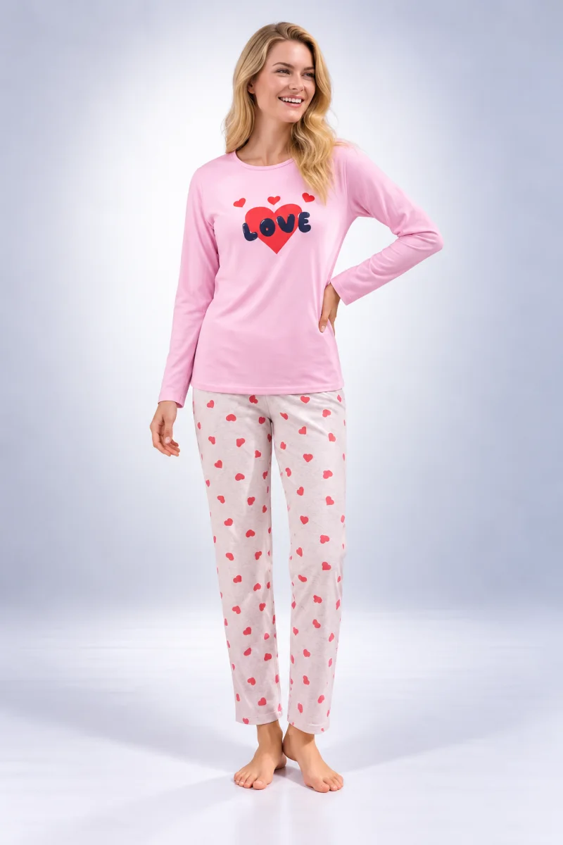 Pijama damă cu mânecă lungă și pantaloni lungi cu imprimeu