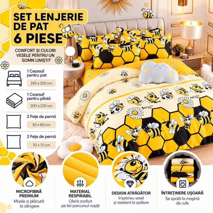 Set Lenjerie de Pat Dublu din Microfibră Premium, 6 Piese, Cearșaf 245x250 cm