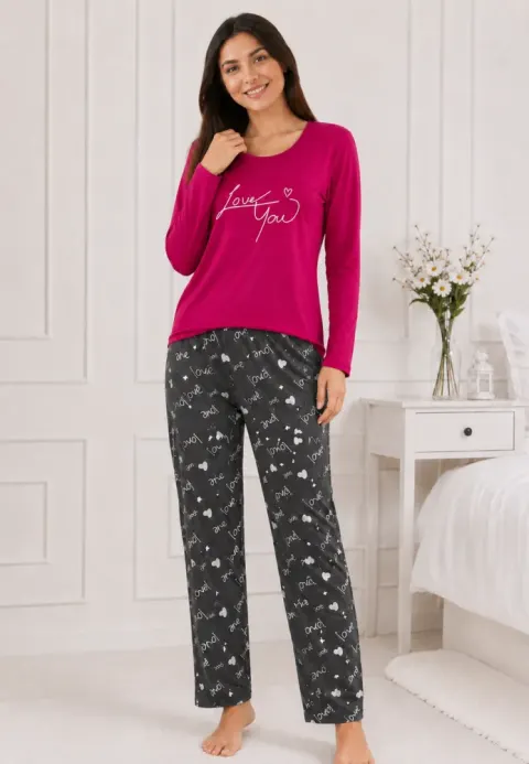 Pijama de dama fucsia cu maneca lunga si pantaloni gri lungi