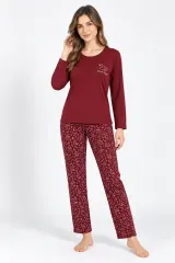Pijama damă din bumbac 100%, cu bluză cu mânecă lungă și pantaloni lungi cu flamingo, imprimeu „Our Family”, vișiniu