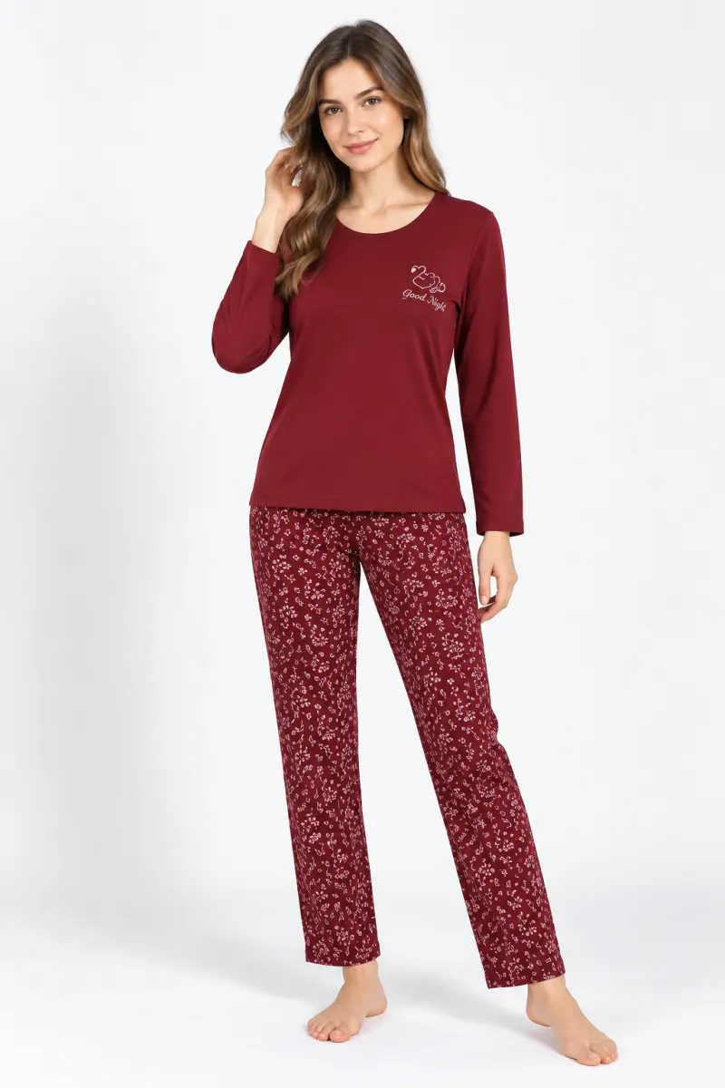 Pijama damă din bumbac 100%, cu bluză cu mânecă lungă și pantaloni lungi cu flamingo, imprimeu „Our Family”, vișiniu