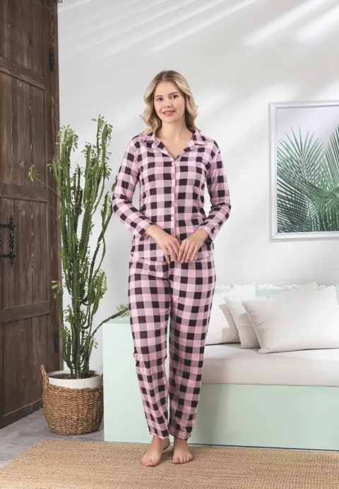 Pijama damă în carouri roz cu negru