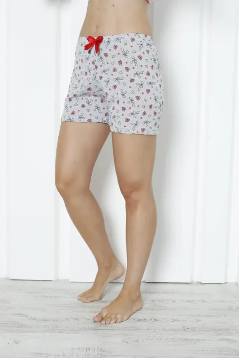 Short damă pijama, gri, imprimeu inimi roșii