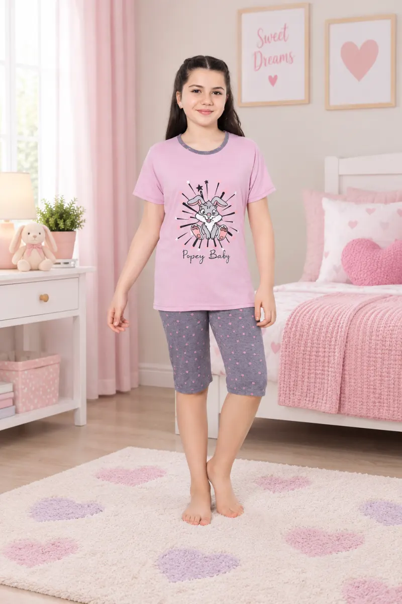 Pijama fetițe din bumbac cu tricou și pantaloni 3/4 – imprimeu Baby, mov