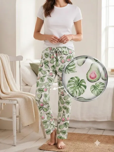 Pantaloni de pijama de dama alb cu frunze verzi