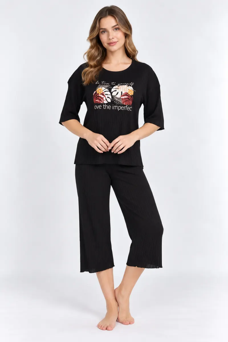 Pijama damă, culoare negru, imprimeu Imperfect
