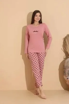 Pijama damă roz cu imprimeu „HELLO” cu pantaloni lungi cu buline