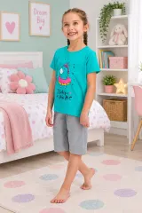 Pijama fetițe din bumbac cu tricou și pantaloni 3/4 – imprimeu Unicorn, turcoaz