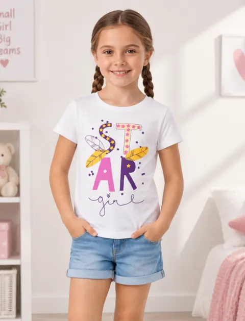 Tricou fetițe alb cu imprimeu colorat „STAR”
