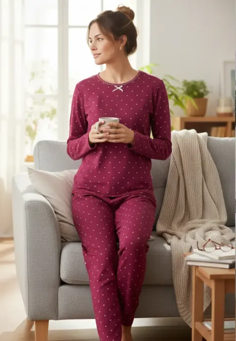 Pijama Damă Flausată pe Interior – Mov cu Inimioare