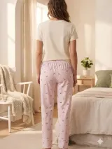 Pantaloni de pijama de dama alb roz cu cirese