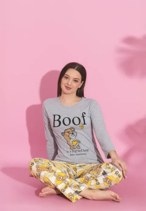 Pijama damă gri,  imprimeu „Boof”