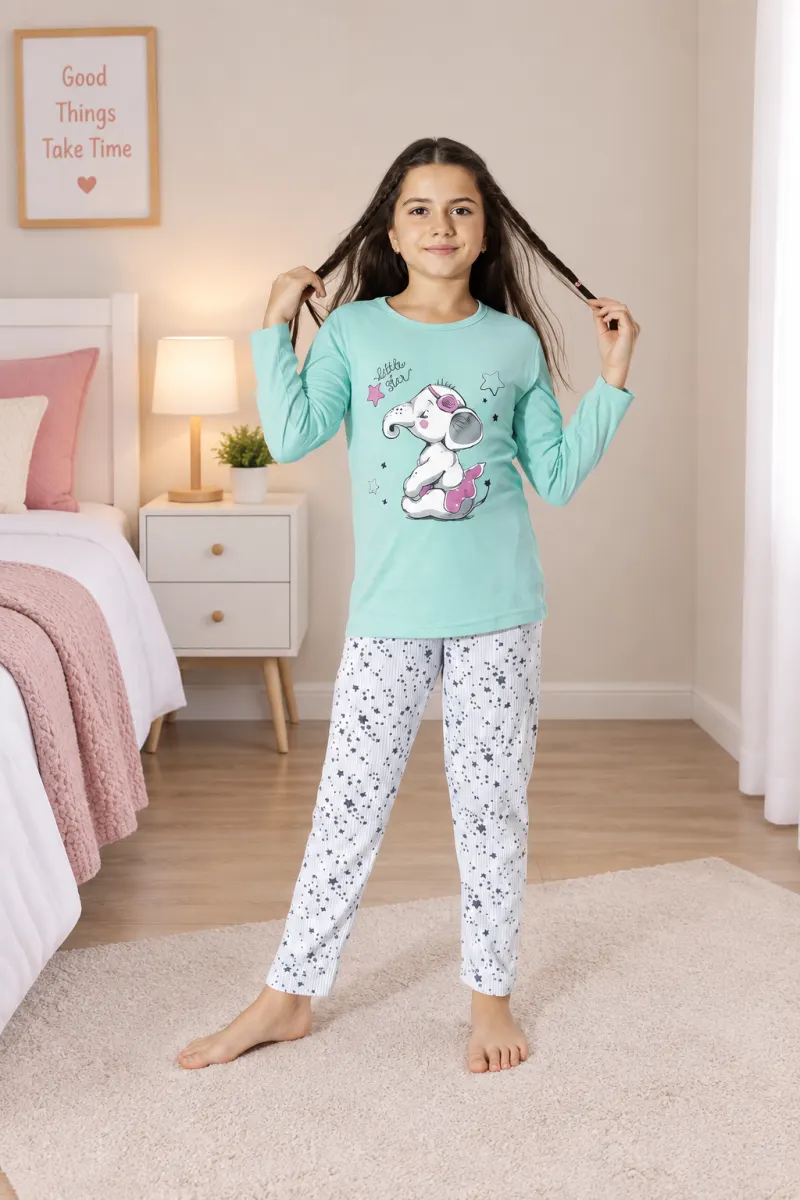 Pijama fetițe cu elefant, turcoaz