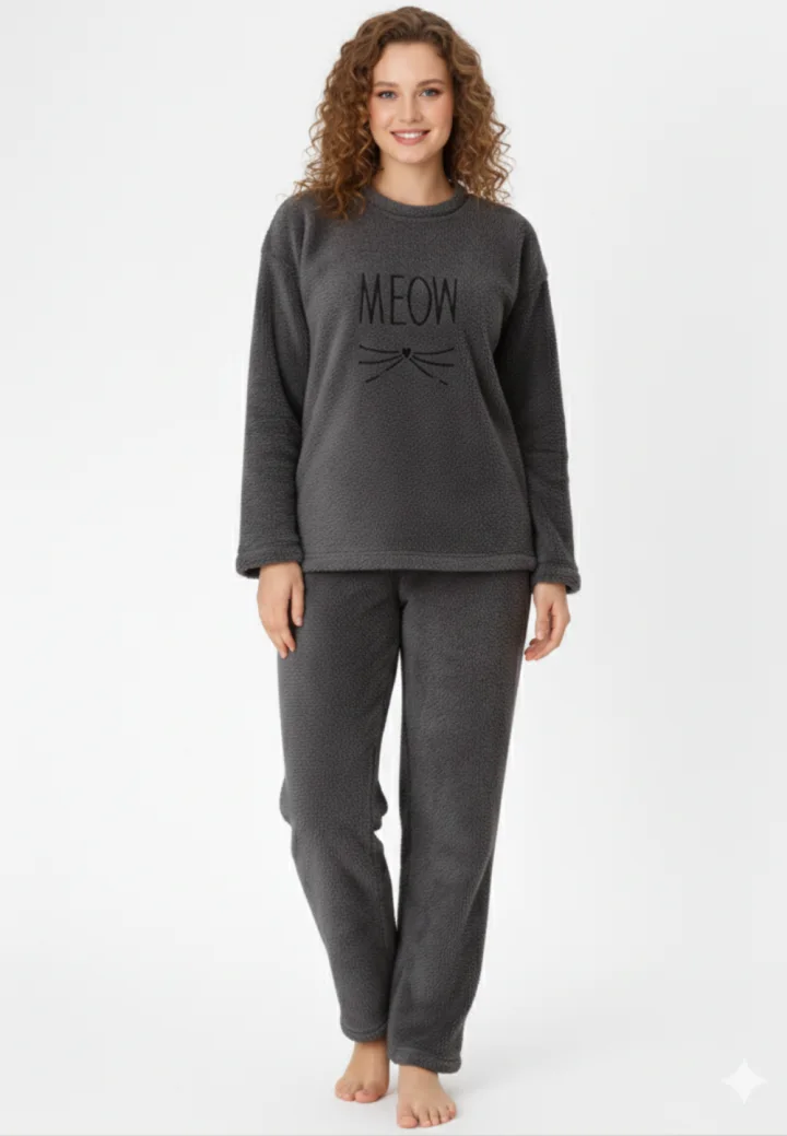 Pijamale damă cocolino gri închis cu imprimeu „Meow”