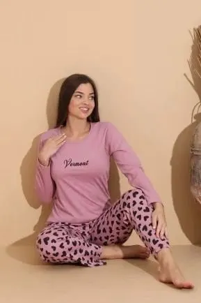 Pijama damă mov cu imprimeu vermont cu pantaloni lungi cu buline