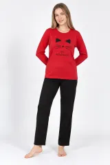 Pijama damă, cu mânecă lungă și pantaloni lungi, imprimeu pisică