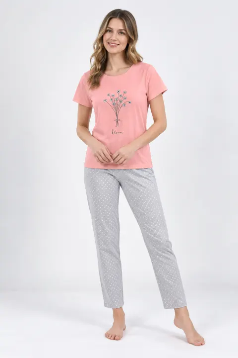 Pijama damă tricou roz pal cu imprimeu flori