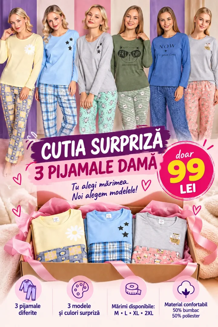 Cutia Surpriză – 3 Pijamale Damă cu Mânecă Lungă și Pantaloni Lungi – 99 Lei