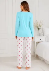 Pijama de dama blue cu maneca lunga si pantaloni lungi alb cu capsuni