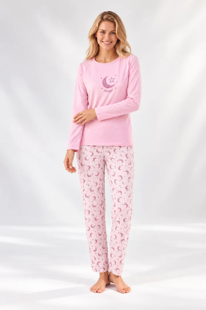 Pijama damă cu mânecă lungă și pantaloni lungi cu imprimeu