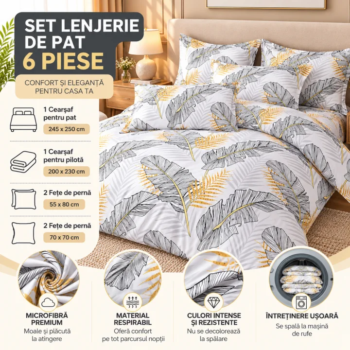Set Lenjerie de Pat Dublu din Microfibră Premium, 6 Piese, Cearșaf 245x250 cm