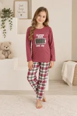 Pijama fetițe din bumbac cu mânecă lungă și pantaloni lungi – „Super Kids”, roz închis
