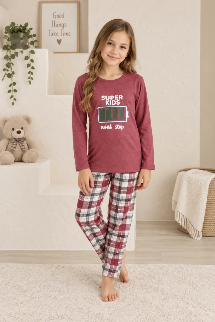 Pijama fetițe din bumbac cu mânecă lungă și pantaloni lungi – „Super Kids”, roz închis