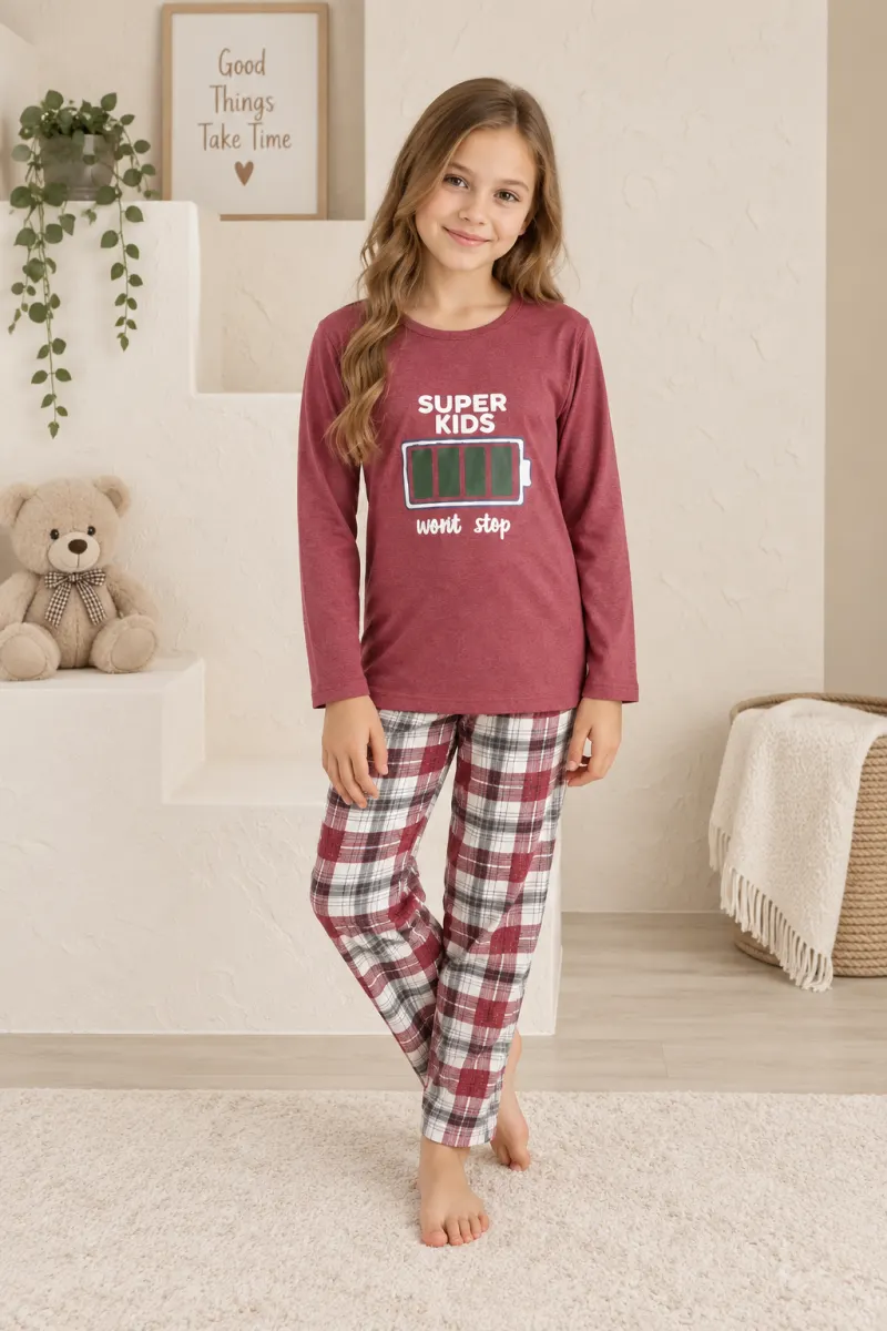 Pijama fetițe din bumbac cu mânecă lungă și pantaloni lungi – „Super Kids”, roz închis
