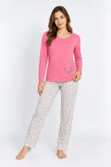 Pijama damă roz mânecă lungă și pantaloni lungi gri