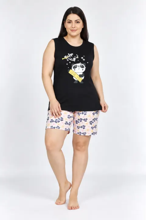 Pijama dama  cu imprimeu panda,  negru