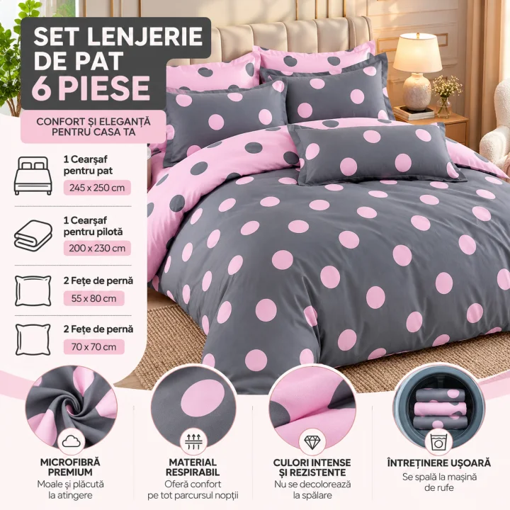 Set Lenjerie de Pat Dublu din Microfibră Premium, 6 Piese, Cearșaf 245x250 cm